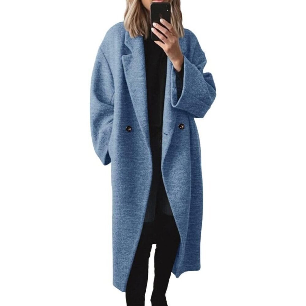 Women's Blue Winter Pea Coat Notch Lapel Double Breasted Wool Blend Overcoat